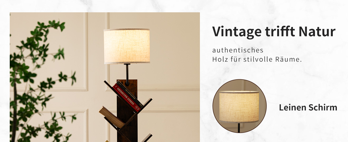 Der Text lautet „Bild 5“, „Vintage trifft Natur“, „Leinen Schirm“. Tischlampe mit Stoffschirm in Raumgestaltung mit dekorativen Pflanzenzweigen.