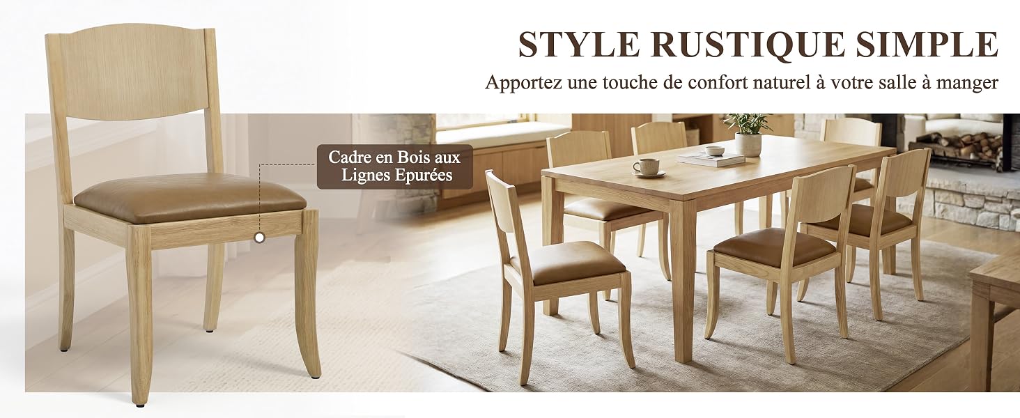 Le texte indique « STYLE RUSTIQUE SIMPLE ». Ensemble de meubles de salle à manger en bois comprenant des chaises et une table en finition naturelle, exposé à l'intérieur de la pièce.