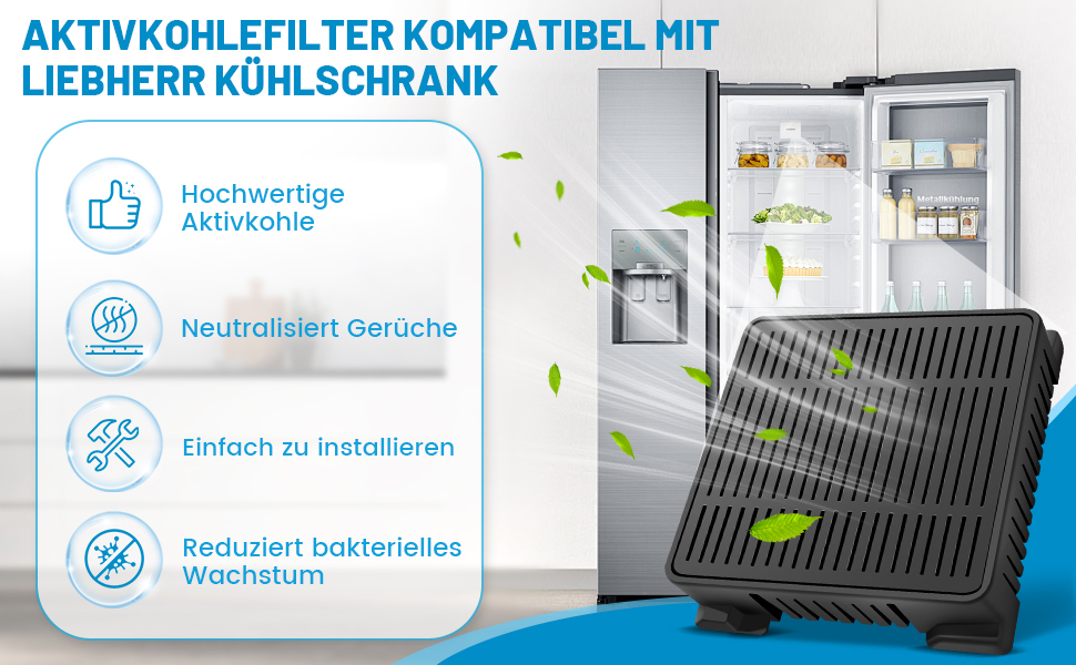 Aktivkohlefilter für Liebherr-Kühlschrank Schwarzer Kunststofffilter mit grünem Blattsymbol. Zu den Merkmalen gehören hochwertige Aktivkohle, Geruchsneutralisierung, einfache Installation und reduziertes Bakterienwachstum