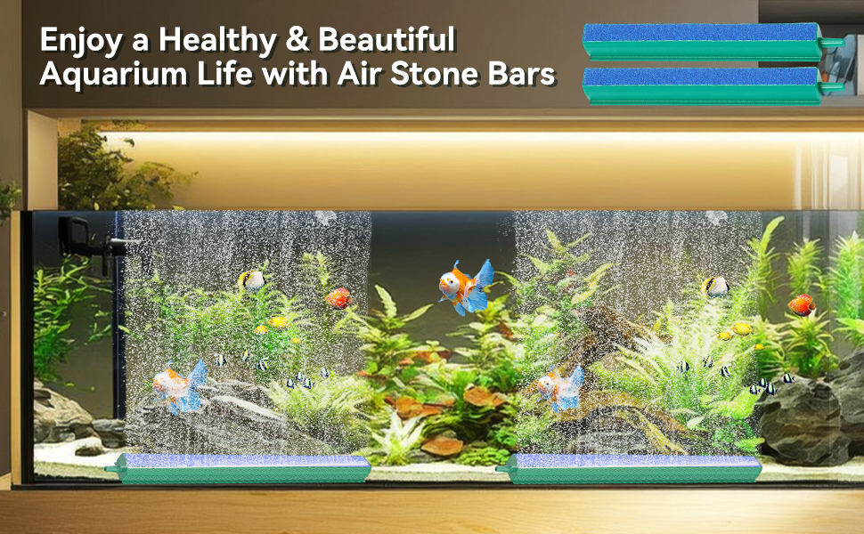 Text reads 'Enjoy a Healthy &amp; Beautiful Aquarium Life with Air Stone Bars'. Multiple aquarium views showing planted tanks with air stone bars creating bubble streams.