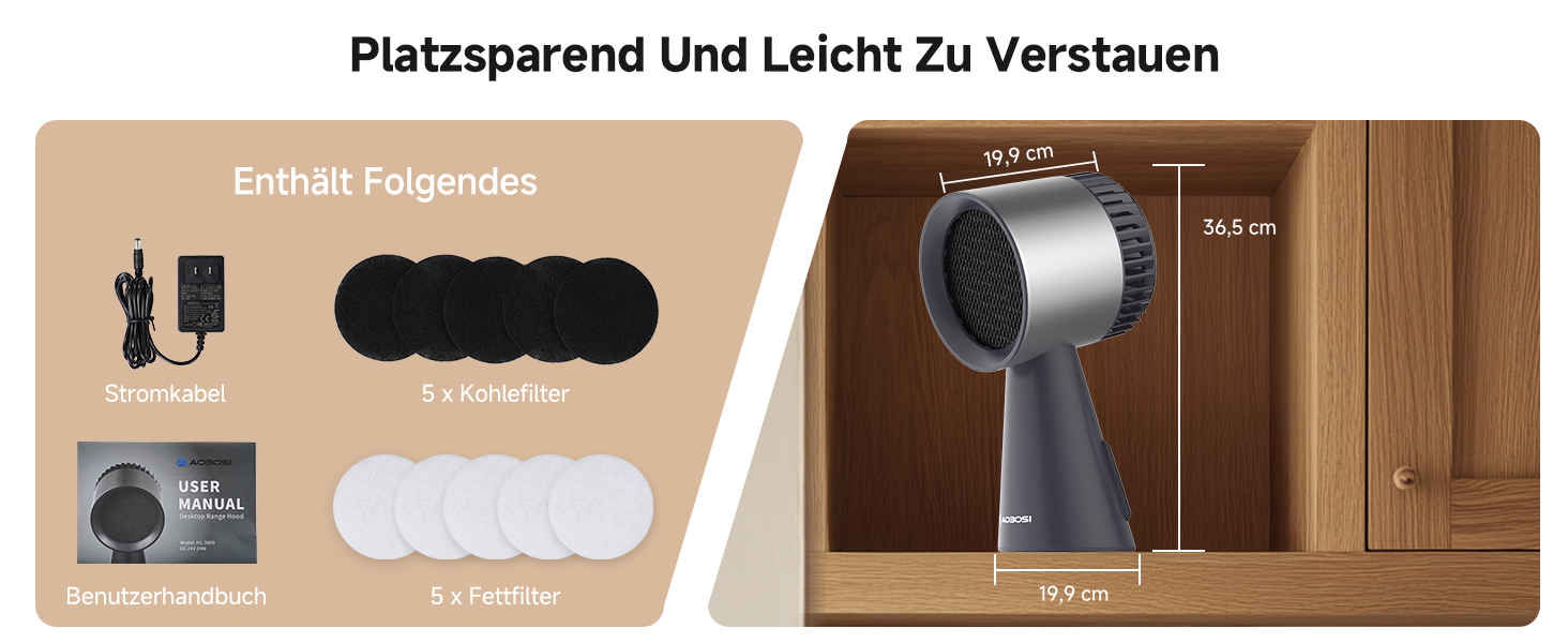 Kompakter Turmventilator mit platzsparendem Design, mitgeliefertem Zubehör und Abmessungen abgebildet. Mit schwarzen und weißen Filzpolstern für die Installation