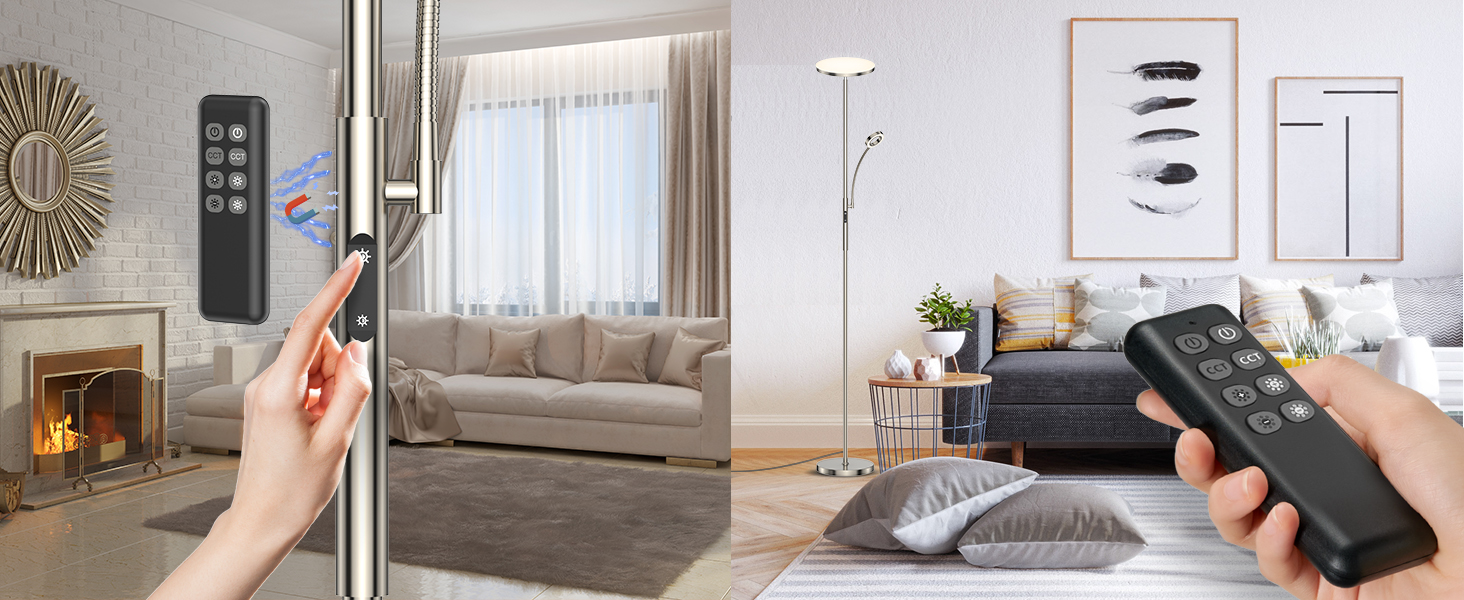 Smart-Home-Fernbedienung. Mehrere Paneele zeigen das Wohnzimmer mit Kamin, Vorhängen und Beleuchtung, die über ein Handgerät gesteuert wird