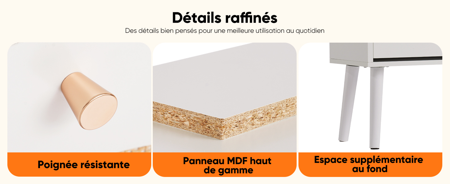 Le texte se lit comme suit : « Détails raffinés ». Trois images détaillées du produit montrant différentes textures de matériaux et éléments de construction.