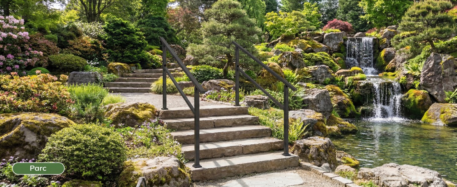 Paysage de jardin japonais serein avec des marches en pierre menant à une végétation luxuriante, des balustrades en bois, des arbres matures et une cascade se jetant dans un étang.