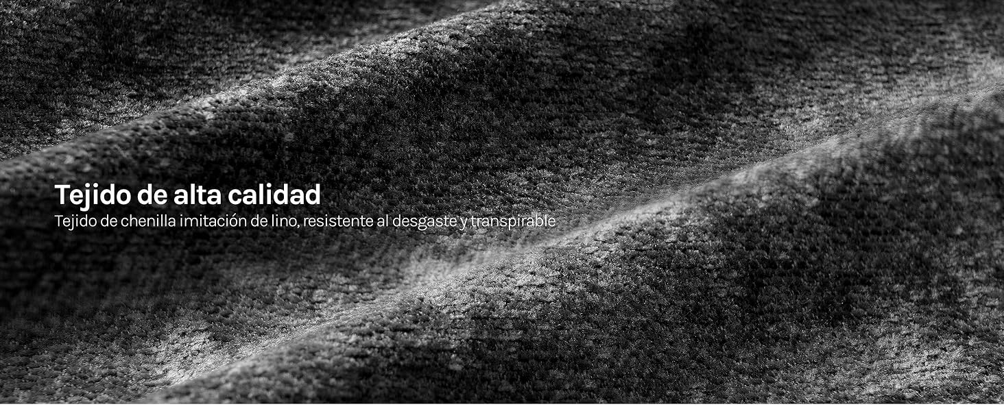 El texto dice «Tejido de alta calidad» (Tejido de alta calidad). Superficie de tela texturizada de cerca que muestra el patrón de tejido del material en blanco y negro.