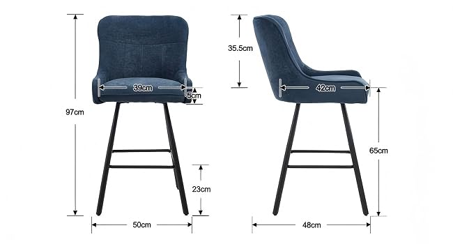 Technical diagram showing measurements and dimensions of a blue upholstered dining chair from multiple angles. Includes front, side, and detail views with specific measurements.