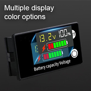 Pantalla digital de la capacidad de la batería que muestra el voltaje y los niveles de carga de dos baterías. La pantalla ofrece opciones de color e indica 13,2 V y una carga del 100%.