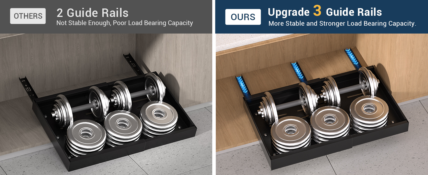 Comparison of guide rails for weight equipment. Left shows 2 rails, right shows 3 rails with upgraded load-bearing capacity. Weight plates visible on both.