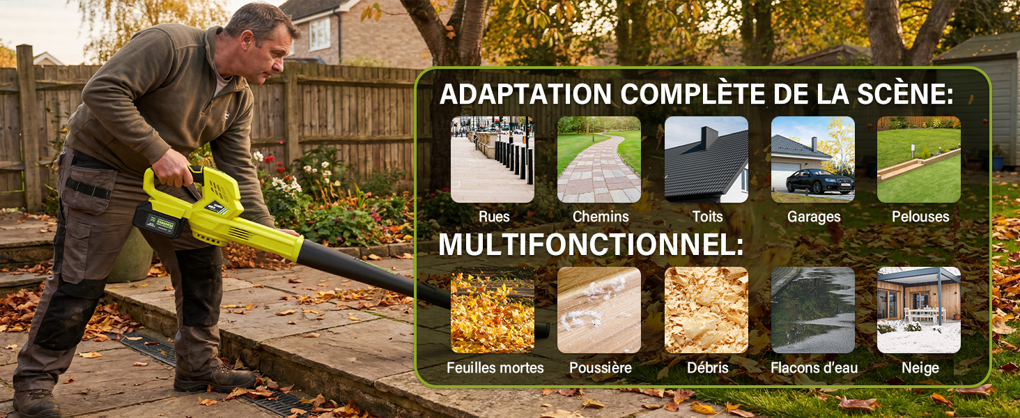 Le texte indique « ADAPTATION COMPLÈTE DE LA SCÈNE » et « MULTIFONCTIONNEL ». Démonstration de l'utilisation d'outils électriques en extérieur avec plusieurs vignettes de scènes illustrant diverses applications.