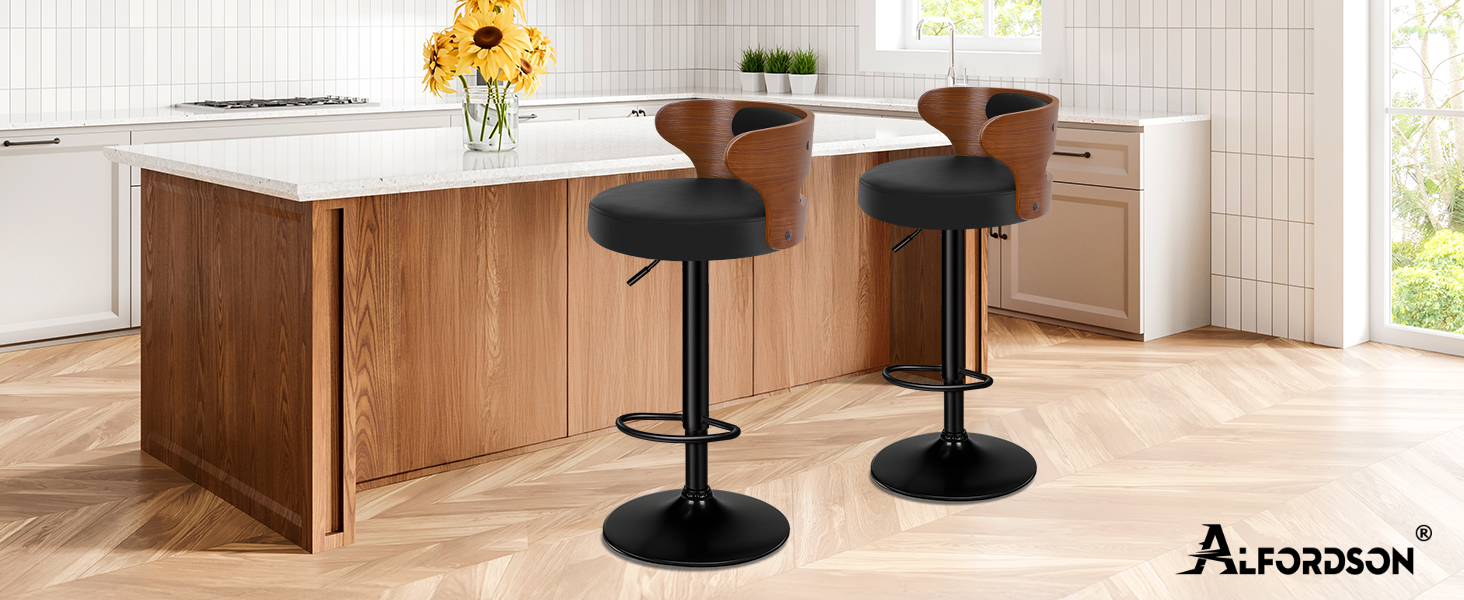 Text reads 'Image 4'. Modern minimalist kitchen interior with wood cabinets, black bar stools, and clean white surfaces.