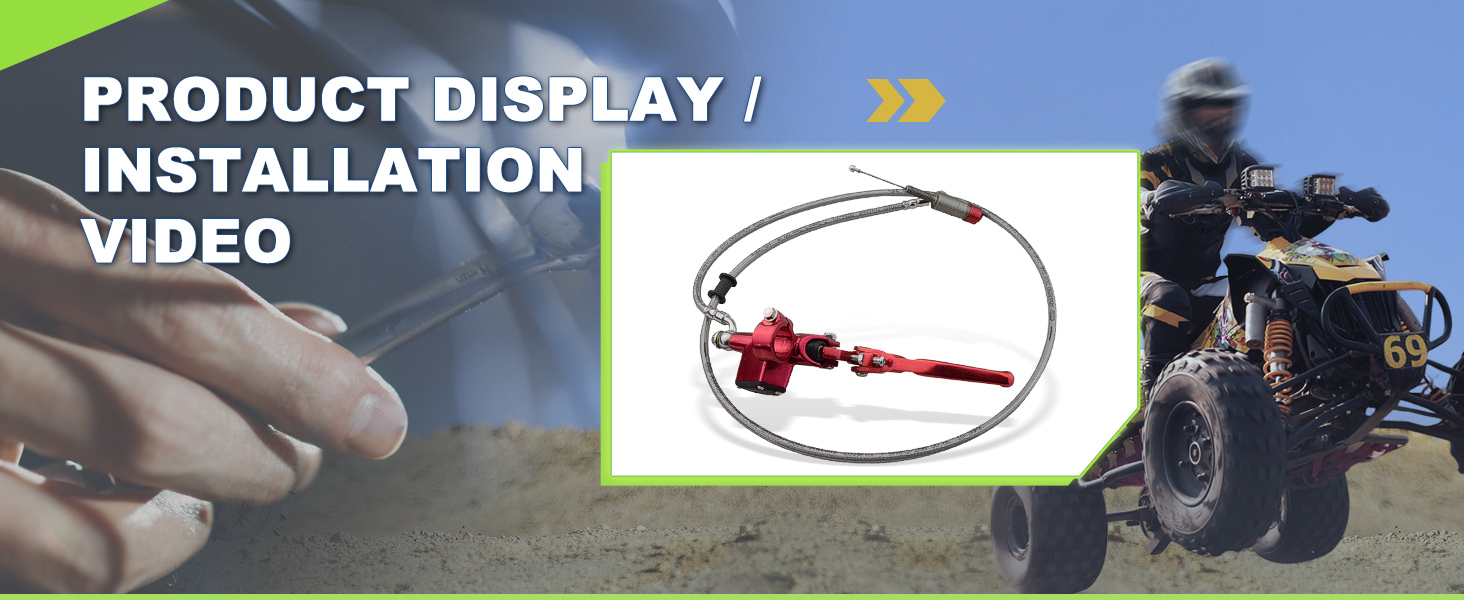 Product installation video preview showing ATV/quad bike riding scene and a red metal cable mechanism product against white background.