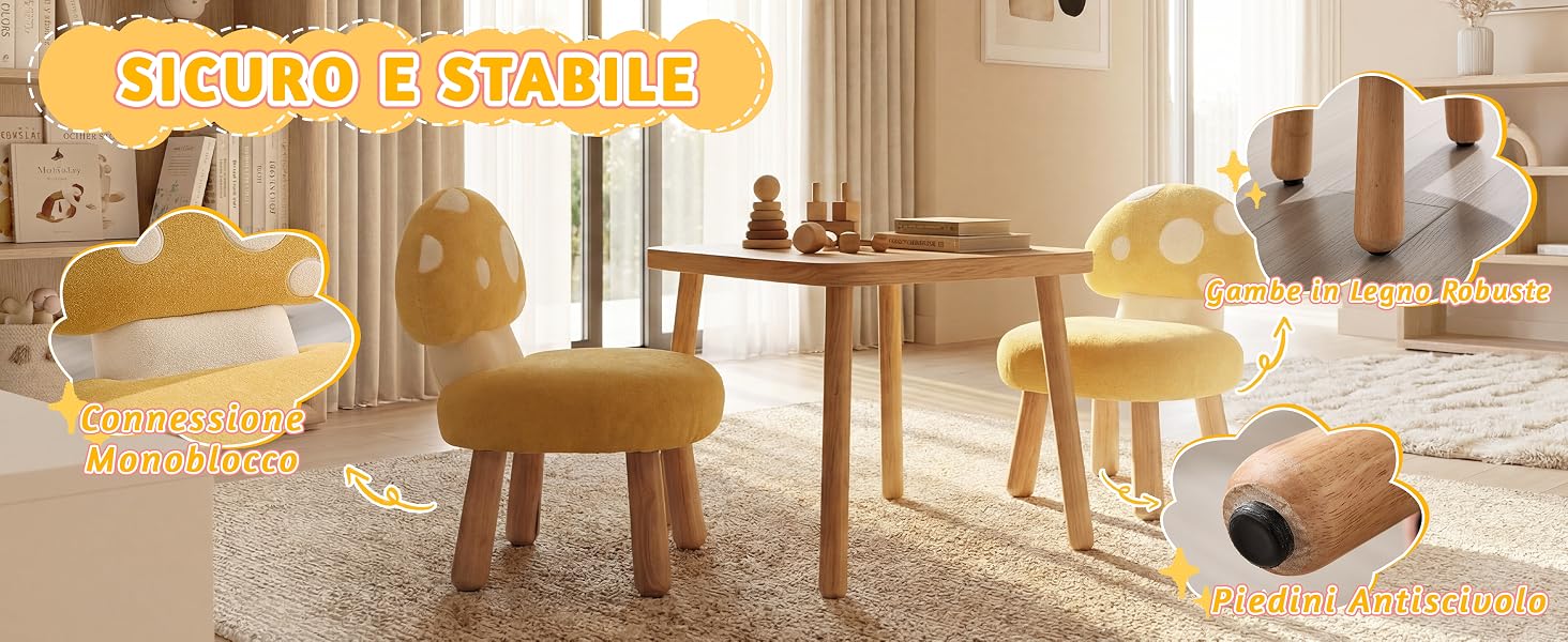 Il testo recita: «SICURO E STABILE». Sequenza di immagini che mostrano mobili o prodotti per la casa in un ambiente interno illuminato dal sole.