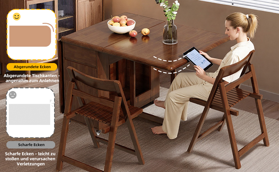Der Text lautet „Angenehmes Essen“, „Sicherheit beim Essen“ mit einer Benutzeroberfläche, die die Sicherheitseinstellungen für Restaurants anzeigt. Innenszene eines hölzernen Esstisches mit ergonomischer Sitzanordnung und warmer Beleuchtung.