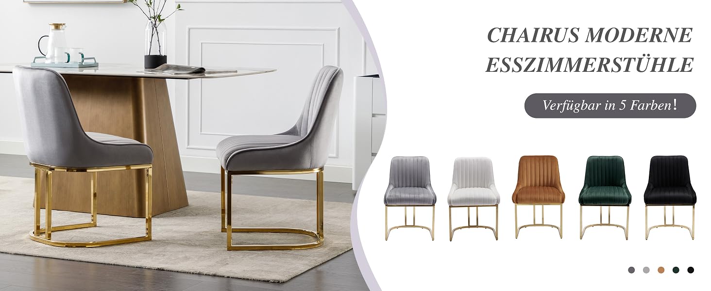 Der Text lautet „CHAIR 'S MODERN ESSENTIALS“. Produktdisplay mit verschiedenen Stuhldesigns in verschiedenen Farben und Stilen auf weißem Hintergrund.