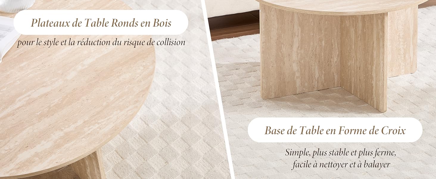 Le texte se lit comme suit : « Plateau de Table Ronde en Bois » et « Base de Table en Forme de Croix ». Affiche les éléments de table en bois avec des étiquettes textuelles en français.