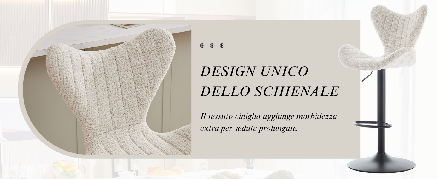 Il testo recita «DESIGN UNICO DELLO SCHIENALE». Collezione di sedie moderne bianche caratterizzata dal caratteristico design curvo dello schienale, mostrato da più angolazioni.