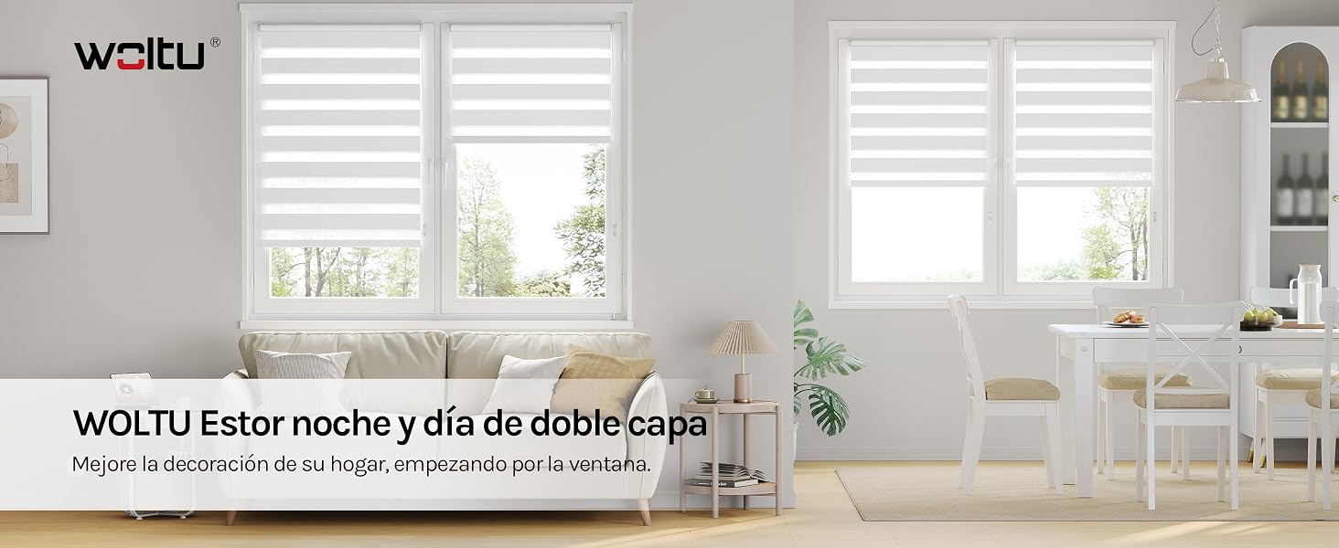 El texto dice «WORTU» y «WORTU Estor noche y día de doble capa» y muestra el interior de un dormitorio moderno con persianas blancas, muebles y soluciones de almacenamiento.