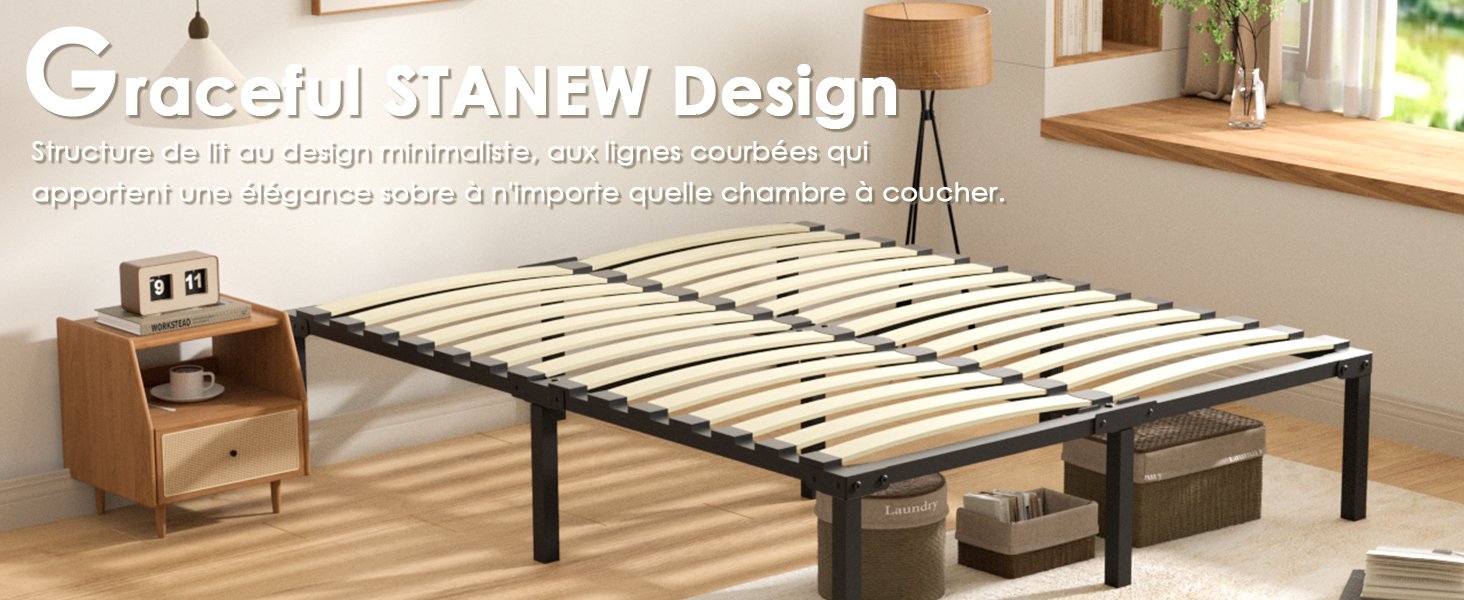 Le texte indique « Greenstell TANEW Design ». Cadre de lit plateforme en bois avec pieds en métal noir, compartiments de rangement en bois intégrés sur les côtés, sommier à lattes, présenté dans le décor d'une chambre à coucher avec finition en bois naturel.