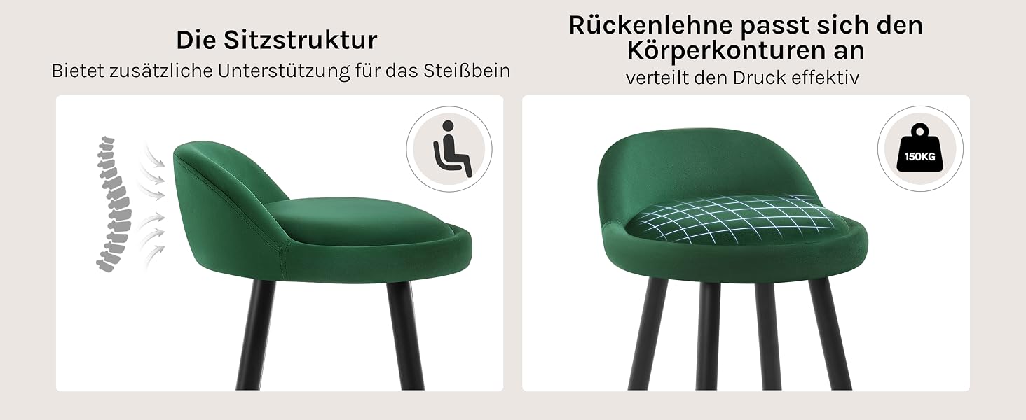 Grüner Polsterstuhl mit geschwungener Rückenlehne und schwarzen Beinen.
[SENTENCE 15] Das geteilte Bild zeigt eine wirbelsäulenähnliche Struktur und ein körpergerechtes Design für ergonomische Unterstützung und Druckverteilung