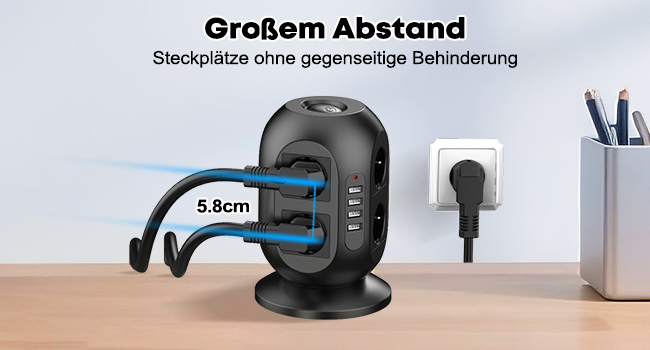Der Text lautet „Besonderer Abstand“. Die Produktdemonstration zeigt die Messung eines Abstands von 5,5 cm zwischen Objekten auf einer Schreibtischoberfläche mit technischem Aufbau.