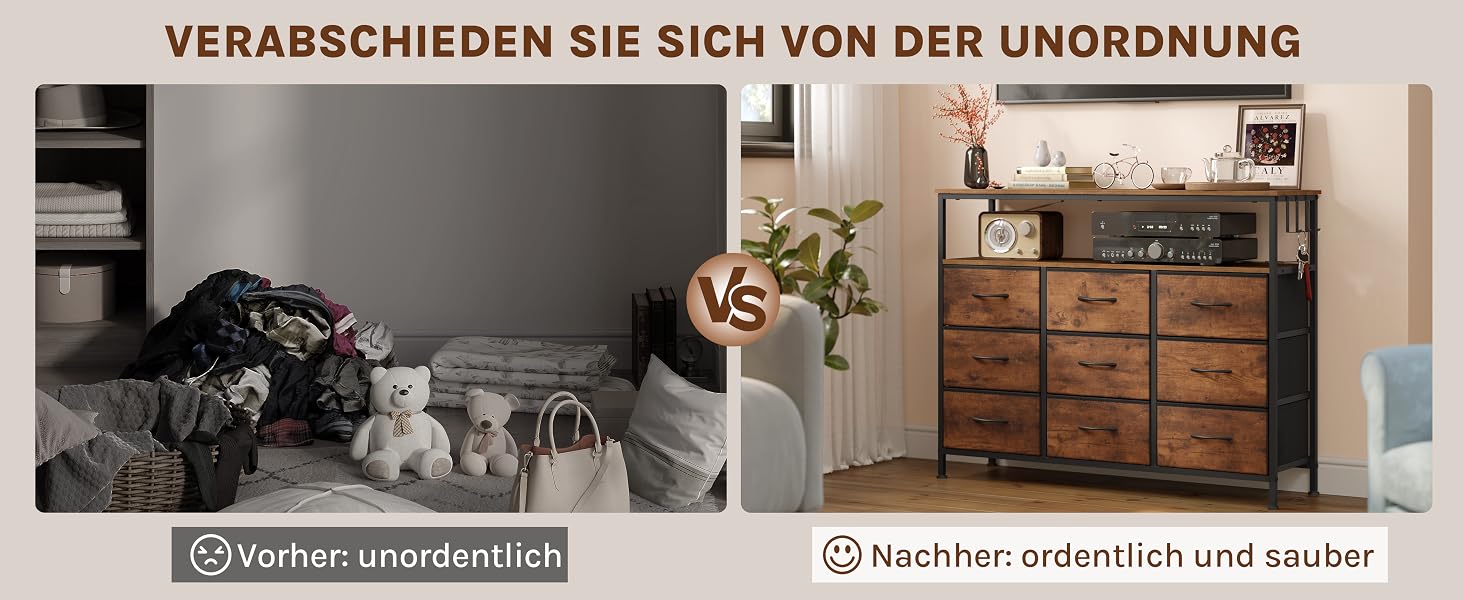 Vorher-Nachher-Vergleich der Raumorganisation. Links zeigt den überfüllten Raum mit Kleidung und Spielzeug. Rechts ist eine aufgeräumte Holzkommode mit mehreren Schubladen in einer organisierten