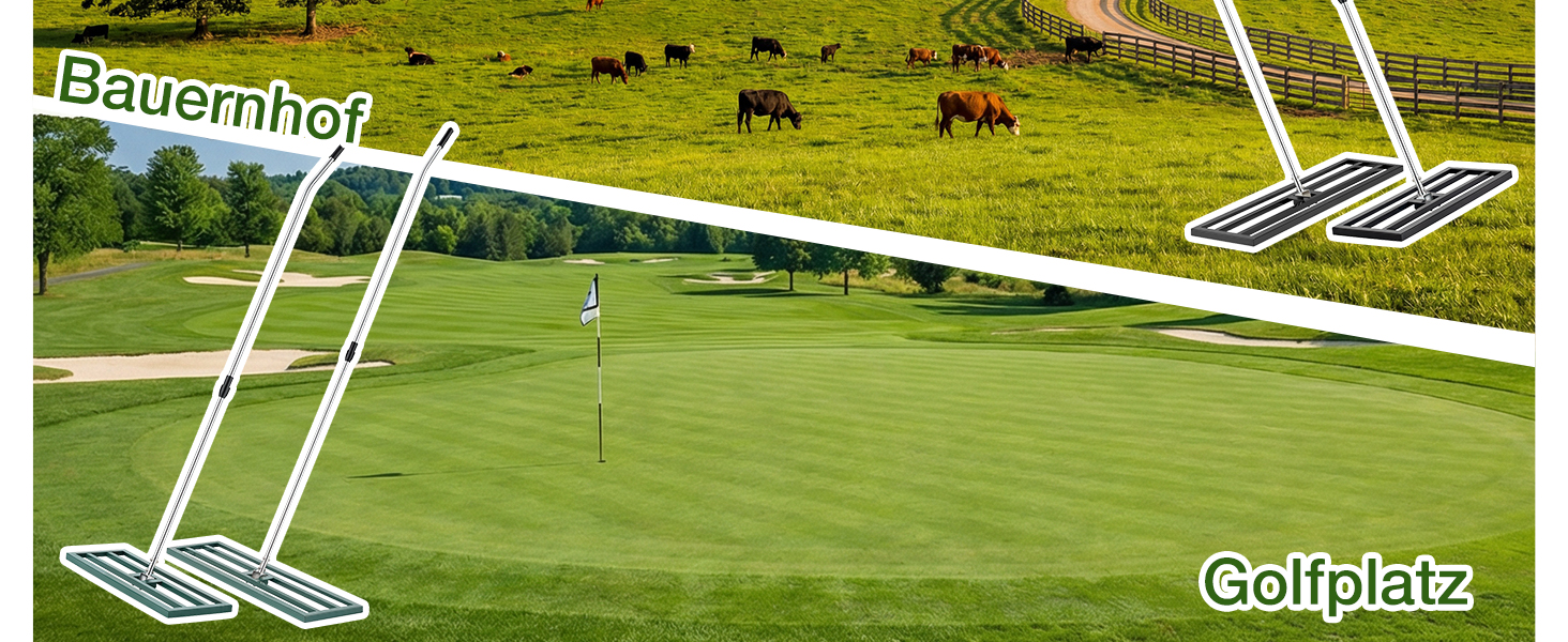 Der Text lautet „Bauernhof“ und „Golfplatz“. Luftaufnahmen der Außenanlage mit weißen Bodenmarkierungen oder Geräten auf der Wiese.