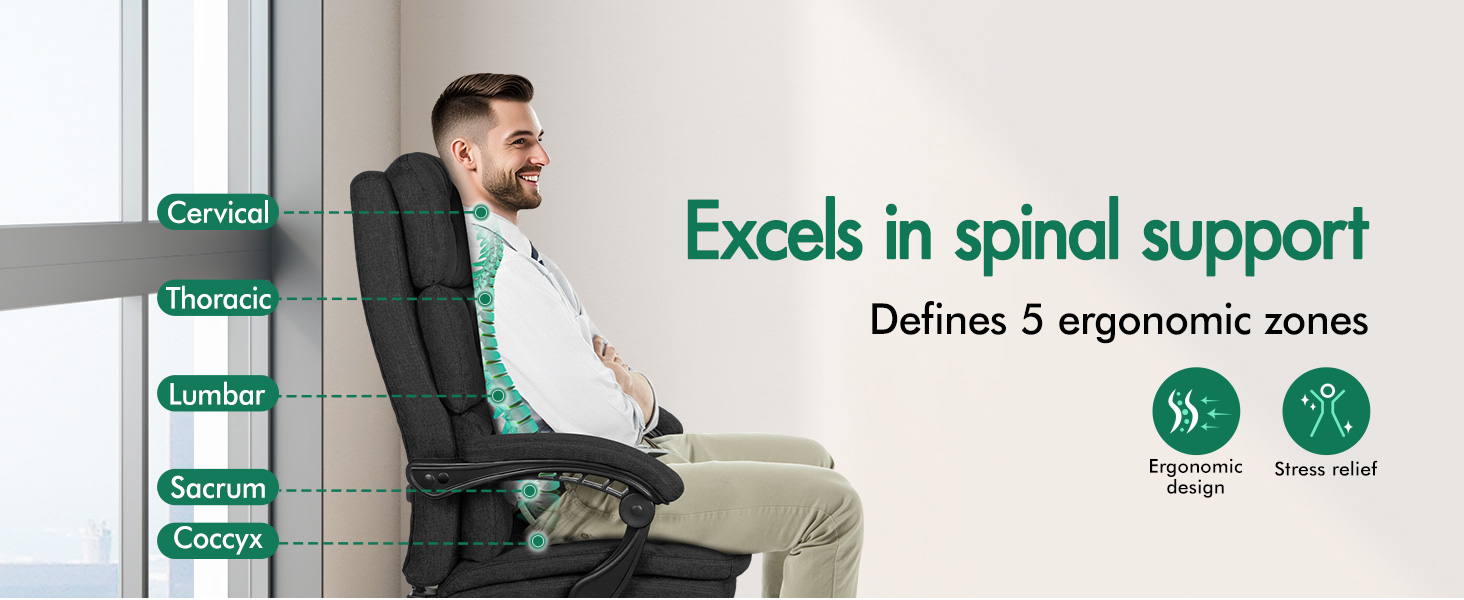 Text reads "Excels in spinal support" and "DuFlex 5 ergonomic zones". Series showing ergonomic mattress or cushioning system with highlighted support zones.