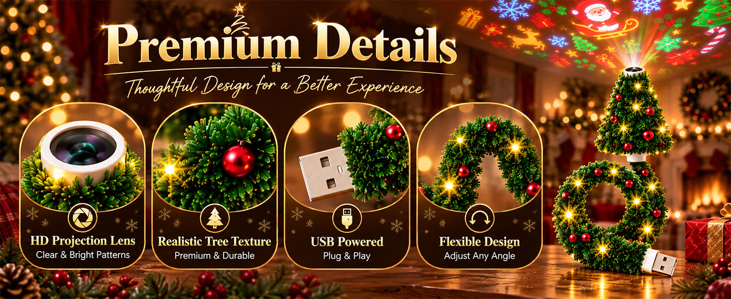 El texto dice «Detalles premium». Imagen con temática navideña que muestra cuatro adornos dorados con descripciones de productos: lámpara ornamental, diseño de corona, candelabro dorado y arreglo de árbol decorado sobre fondo festivo.