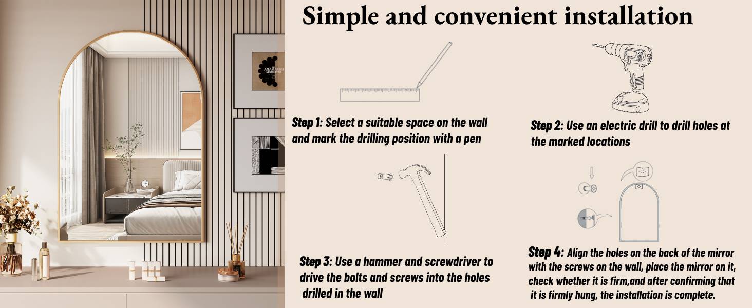 Arched floor mirror in modern interior with installation instructions. Steps show marking, drilling, screwing, and hanging process for easy setup of the large decorative mirror.