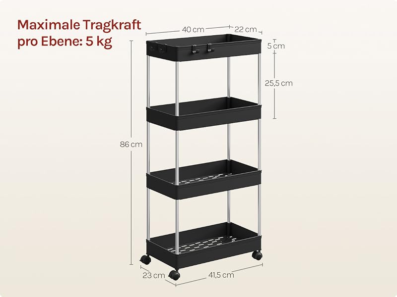 Der Text lautet „Maximale Tragkraft“ und „pro Ebene: 5 kg“. Mehrere Ansichten eines schwarzen zweistöckigen Lagerregals mit Abmessungen und Montageanleitungen im technischen Diagrammformat.