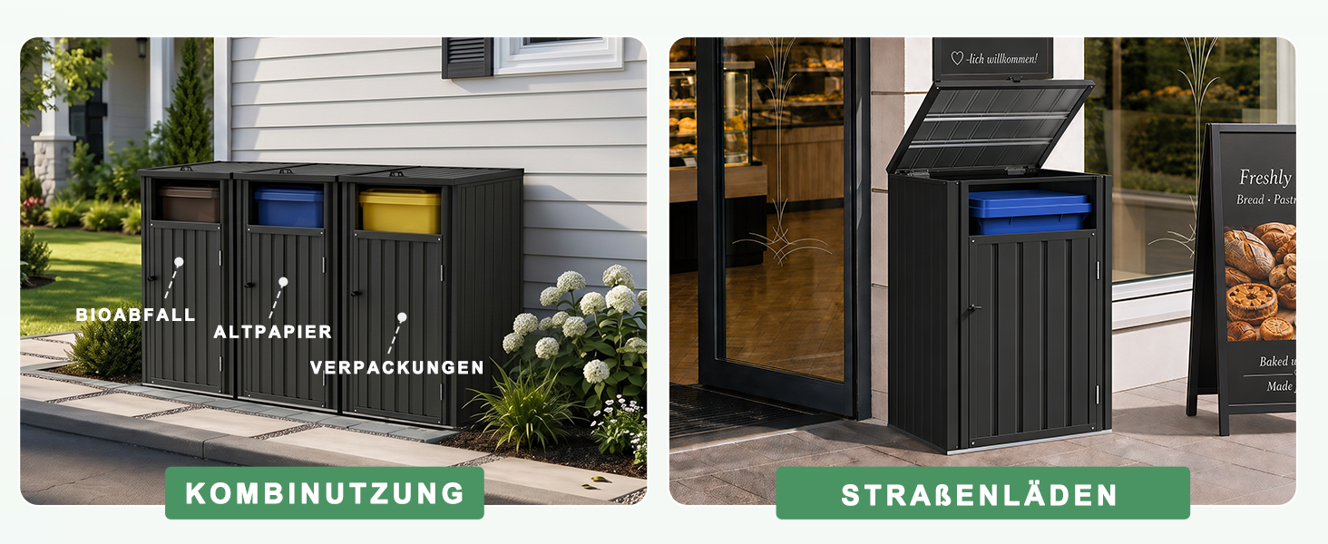 Zwei schwarze Lagergebäude im Freien, nebeneinander abgebildet, beschriftet mit den Bezeichnungen „KOMBINUTZUNG“ und „STRASSENLADEN“, die unterschiedliche Konfigurationen mit Türen und Regalen aufweisen.