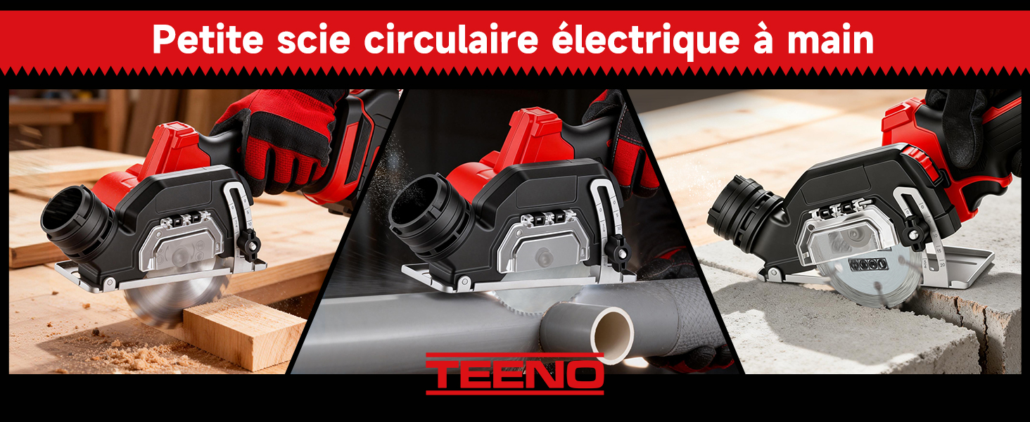 Le texte indique « Petite scie circulaire électrique à main ». Trois images montrant une scie circulaire portative coupant du bois dans différentes positions. La marque TECNO est visible.