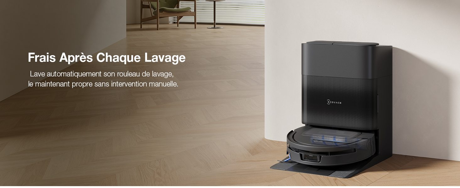 Le texte indique « Frío Agrio Choque Lavage » en haut. Aspirateur robot compact noir montré sur un sol beige à côté d'un meuble.