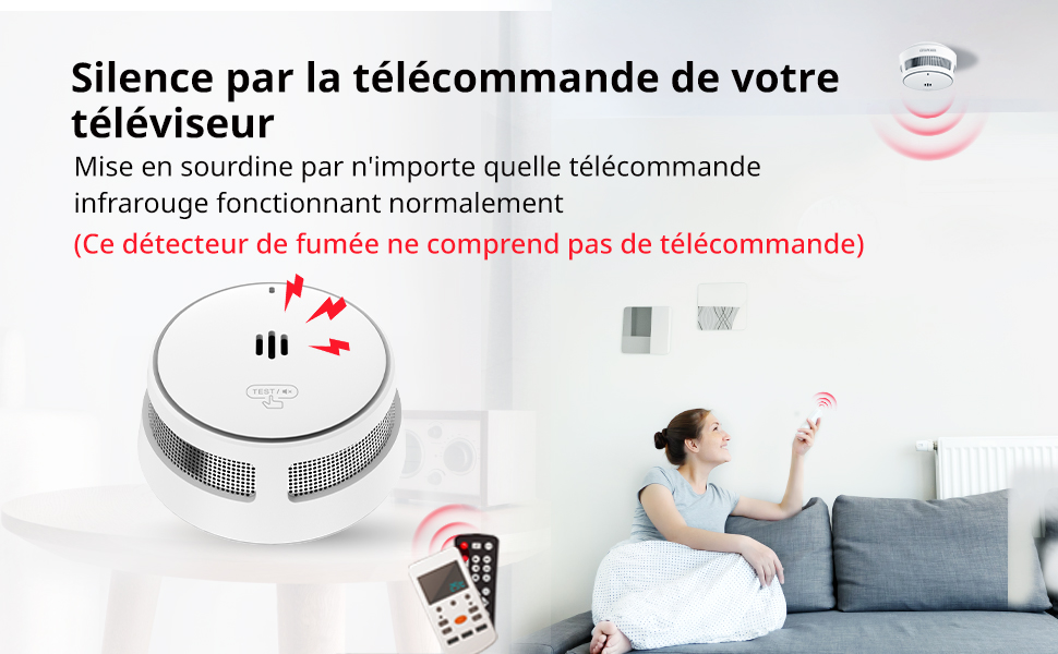 qui peut être désactivé par la télécommande du téléviseur. Appareil blanc circulaire illustré avec une personne utilisant une télécommande sur le canapé.