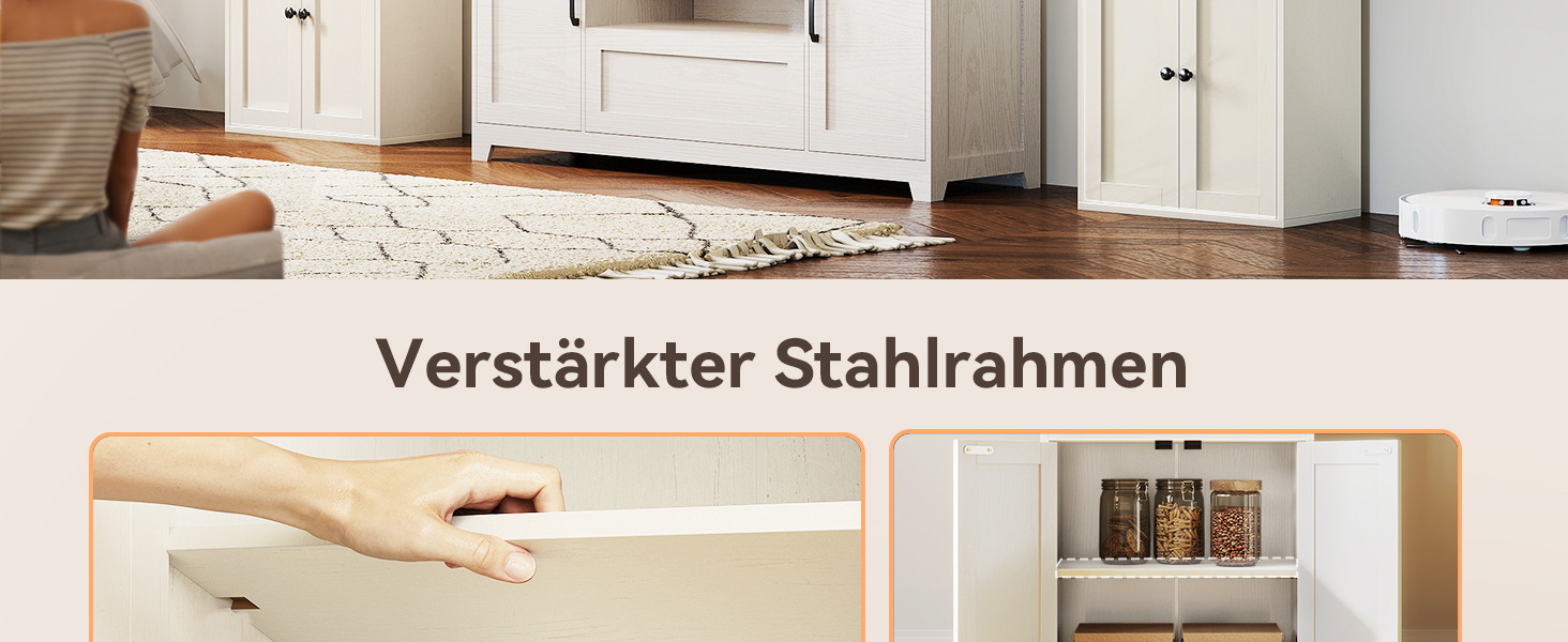 Der Text lautet „Verstärkter Stahlrahmen“. Zeigt weiße, minimalistische Möbel oder Rahmenteile vor einer hellen Wand.