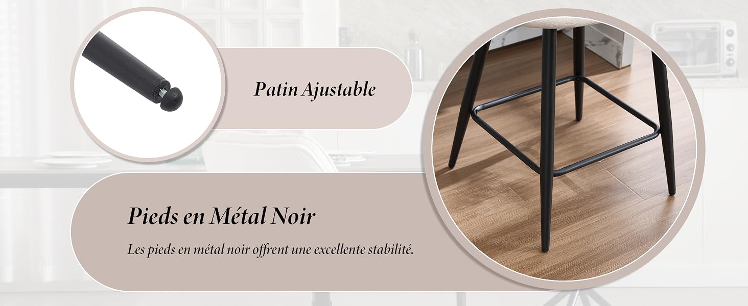 Le texte indique « Pieds ajustables » (français). Plusieurs photos de produits montrant des pieds ou des supports de meubles réglables en métal noir sur fond neutre.