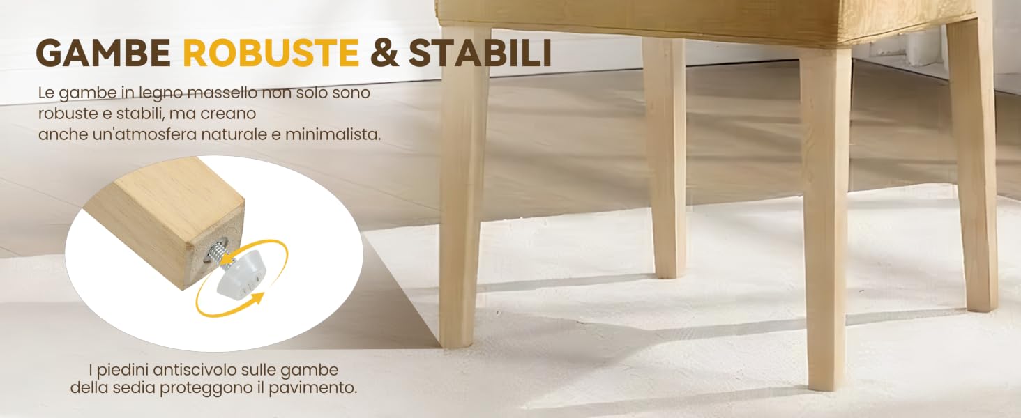 Il testo recita «GAMBE ROBUSTE &amp; STABILI». Un'altra vista delle gambe o dei supporti in legno dei mobili, simile all'immagine precedente ma da un'angolazione diversa.