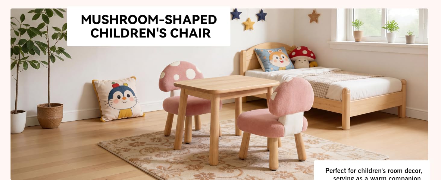 Text reads 'MUSHROOM-SHAPED CHILDREN'S CHAIR'. Pink mushroom-shaped stool in a bright, child-friendly room setting with toys and plants.