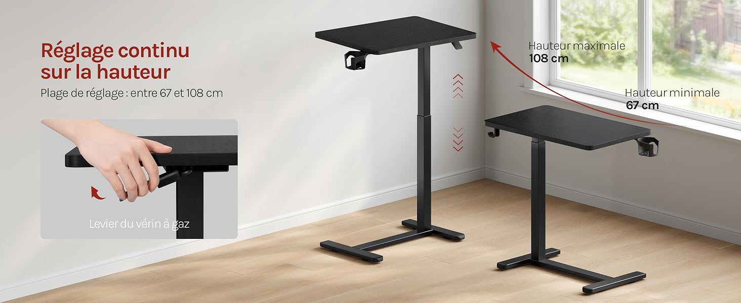 Le texte indique « Refroidissement régulier et maintien au support ». Support de bureau noir avec bras articulé réglable sur une surface de table grise près d'une fenêtre avec vue extérieure visible.