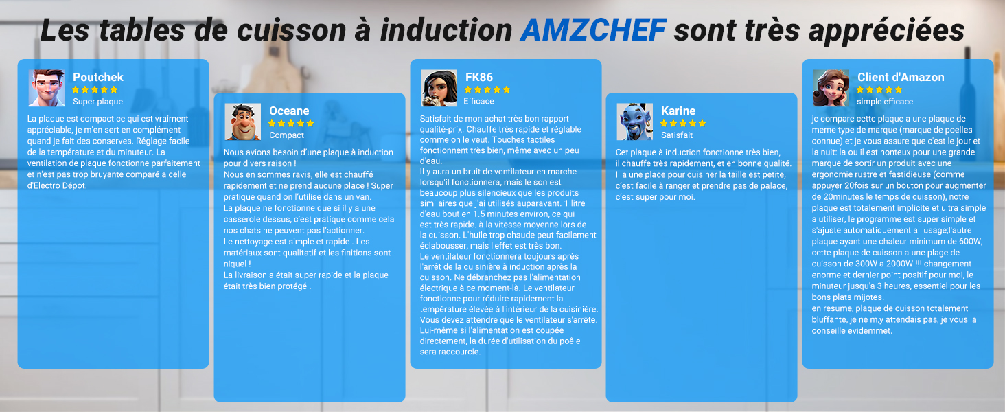 Section de témoignages teintée en bleu contenant plusieurs commentaires de clients sur les tables de cuisson à induction AMZCHEF, disposés sous forme de grille
