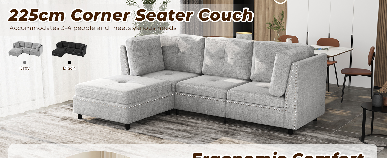 Text reads '225cm Corner Sofa/Couch' 'Ergonomic Comfort'. Multiple views of gray L-shaped sectional sofa in modern living room setting.