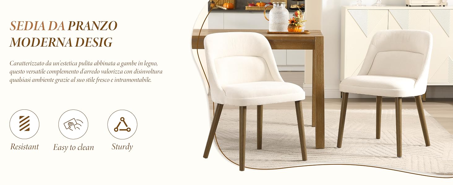 Il testo recita «ESTILO REFINADO MODERNA HOME». Set di mobili da soggiorno moderno con sedie imbottite color crema e tavolo in legno, mostrato in più viste.