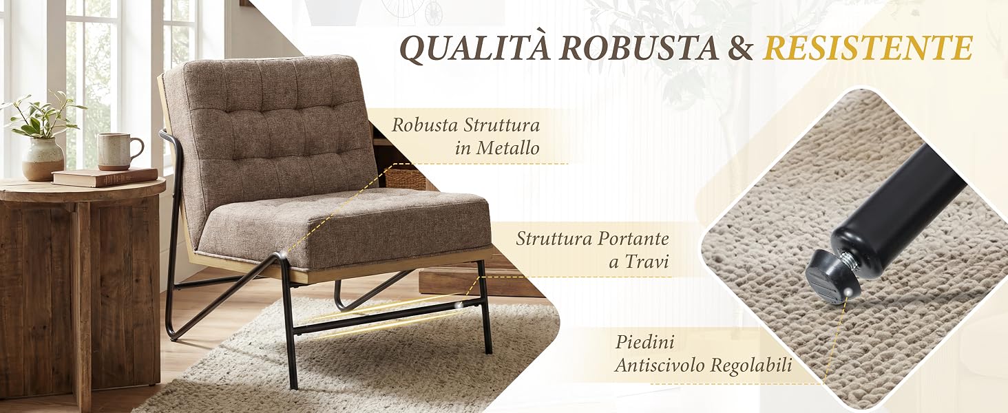 Il testo recita «QUALITA ROBUSTA &amp; RESISTENTE», «Interno Morbido», «Antimacchia Applicata». Poltrona imbottita marrone con dettagli sulla trama del tessuto e informazioni sulla composizione del materiale visualizzate.