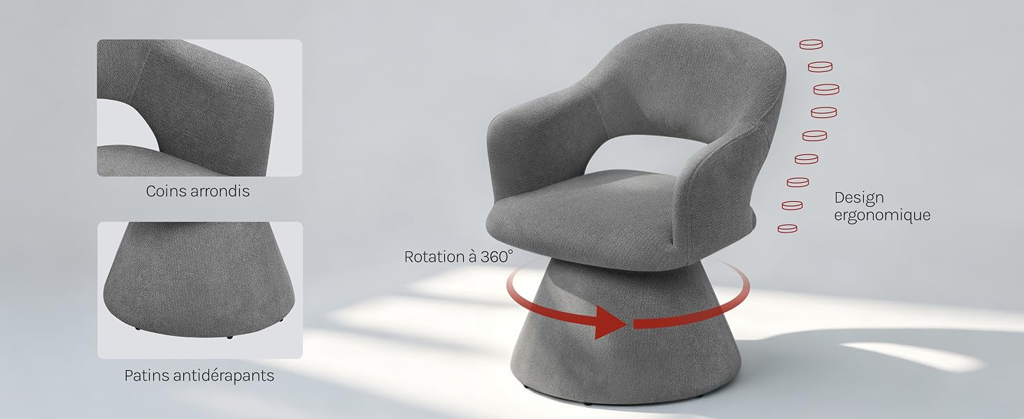 Chaise incurvée grise avec pouf et coussin présentés sous plusieurs angles. Comprend les mesures des tailles et les étiquettes de spécifications sur fond blanc.