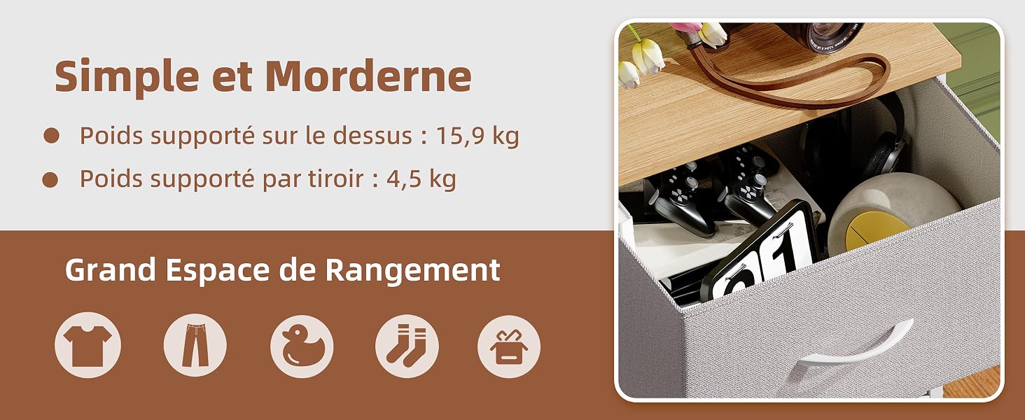 Le texte se lit comme suit : « Simple et Moderne », « Poids supporté sur le dessus : 15,5 kg », « Poids supporté par étagère : 4,5 kg », « Grand Espace de Rangement ». Montre un système d'organisation de stockage avec des vêtements.