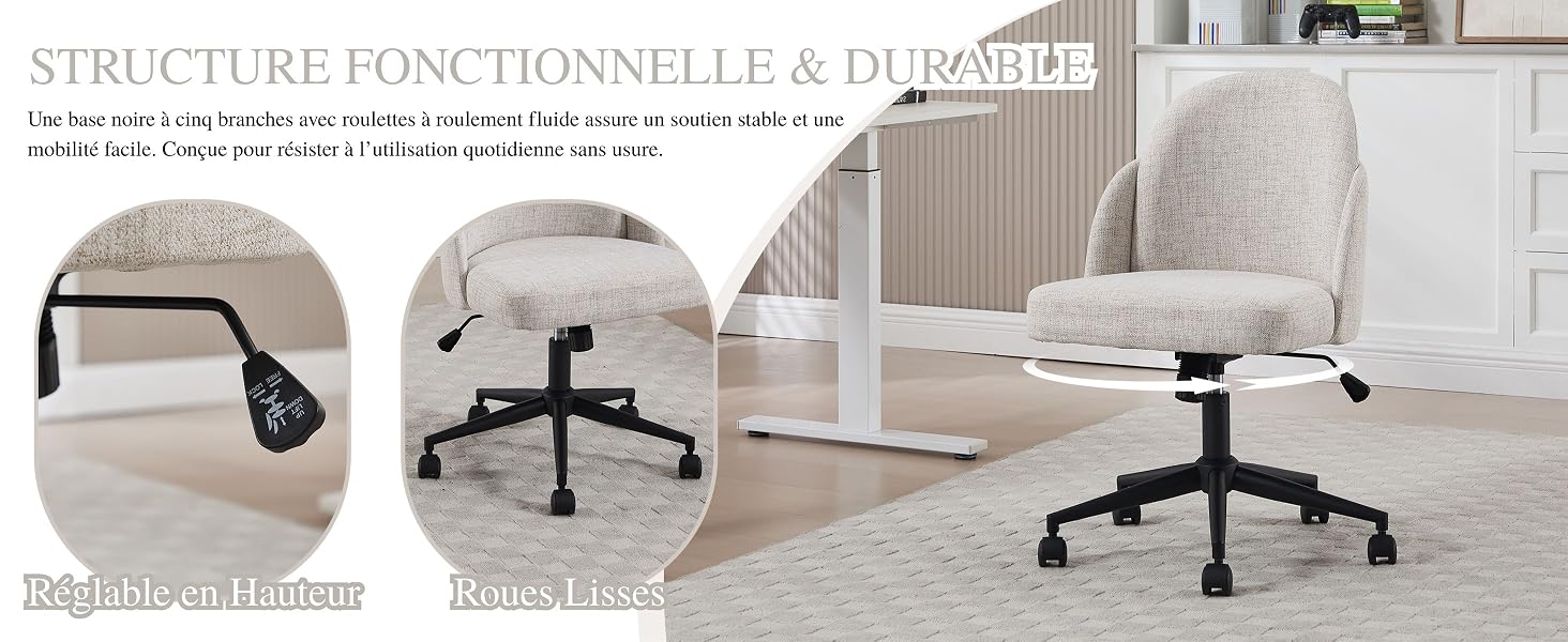 Plusieurs vues d'une chaise de bureau gris clair avec des mesures et des dimensions affichées sous différents angles.