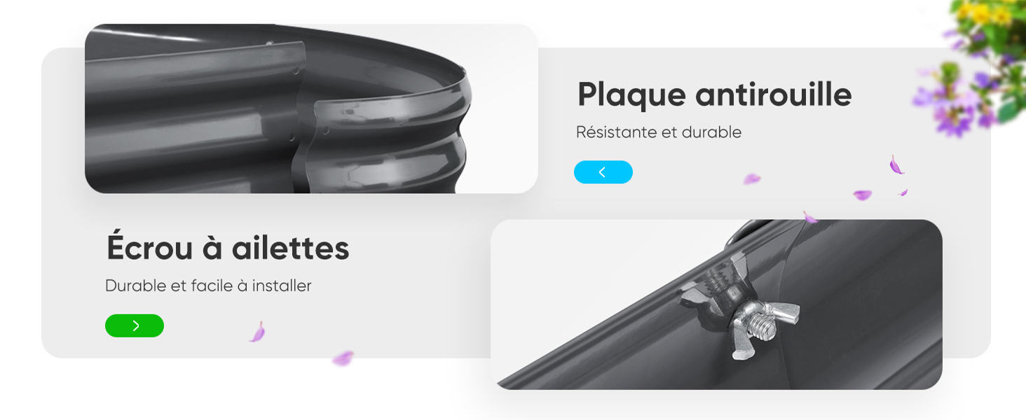 Le texte indique « Plaque antirouille » et « Écrou à ailettes ». Images de produits montrant des composants ou accessoires industriels noirs.