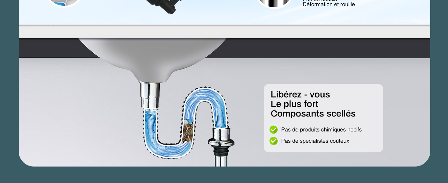 Schema che mostra uno scarico del lavandino con tubi evidenziati in blu. Il testo in francese indica componenti sigillati e parti in plastica riciclabile.