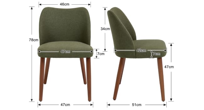 Technical product dimensions of an olive green upholstered dining chair shown from side and front view, with measurements indicating height, width, and depth in centimeters.