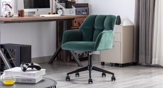 a green chair in a home office.